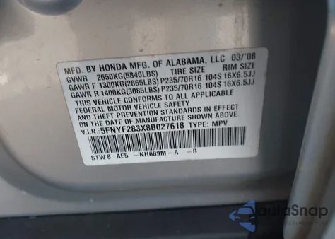 2008 Honda Pilot Se из США, поврежденный, VIN 5FNYF283X8B027618